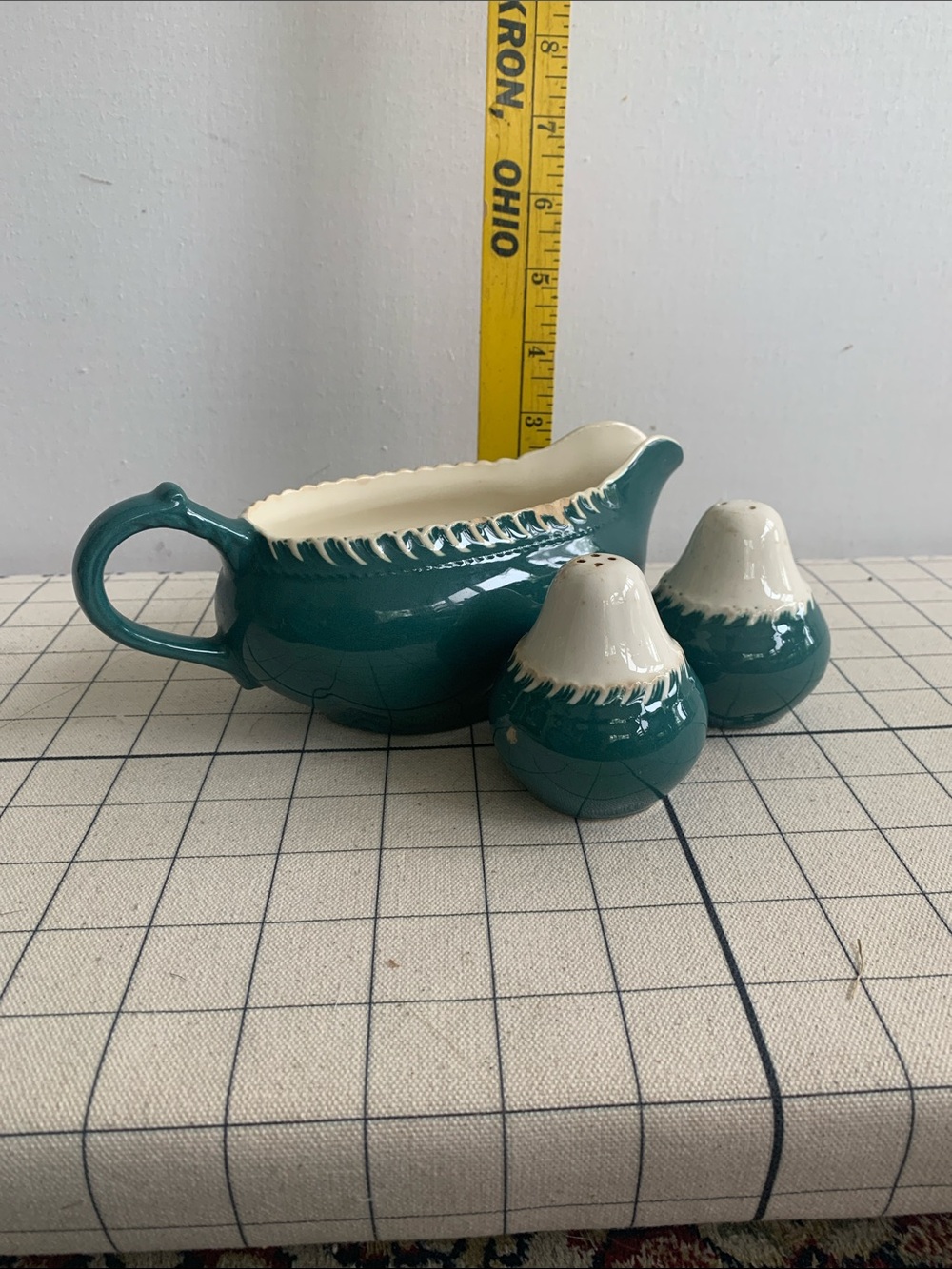 Teal and Cream Harker Pottery Gravy Boat with Salt & Pepper Shakers